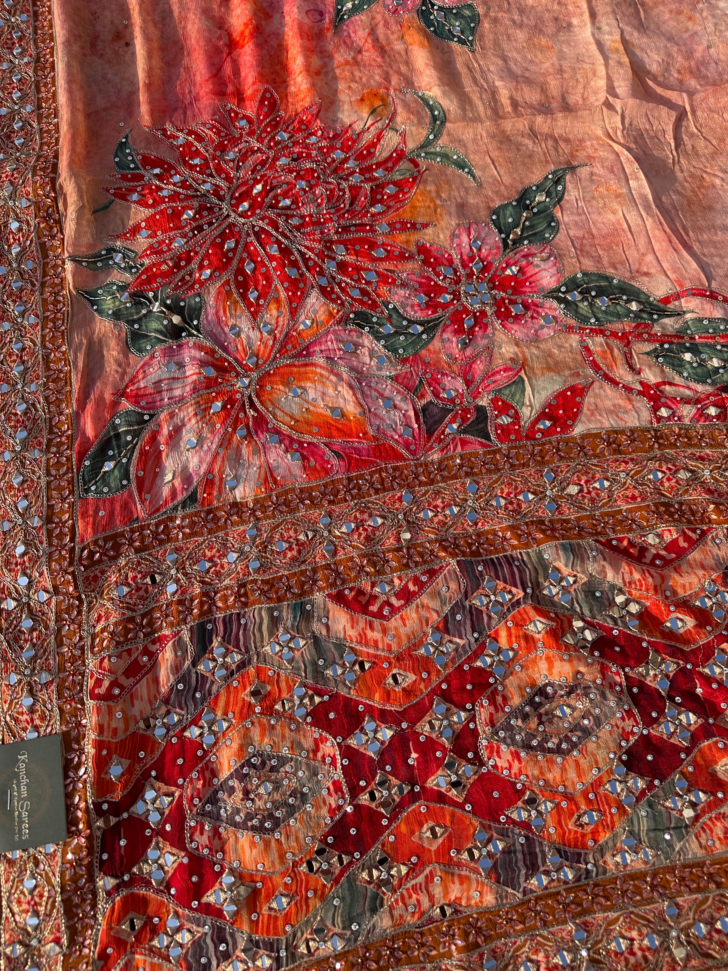 Peach Georgette Saree with Blouse with Mirror, Zari, Sequins, Swarovski and Printed Embroidery 10
